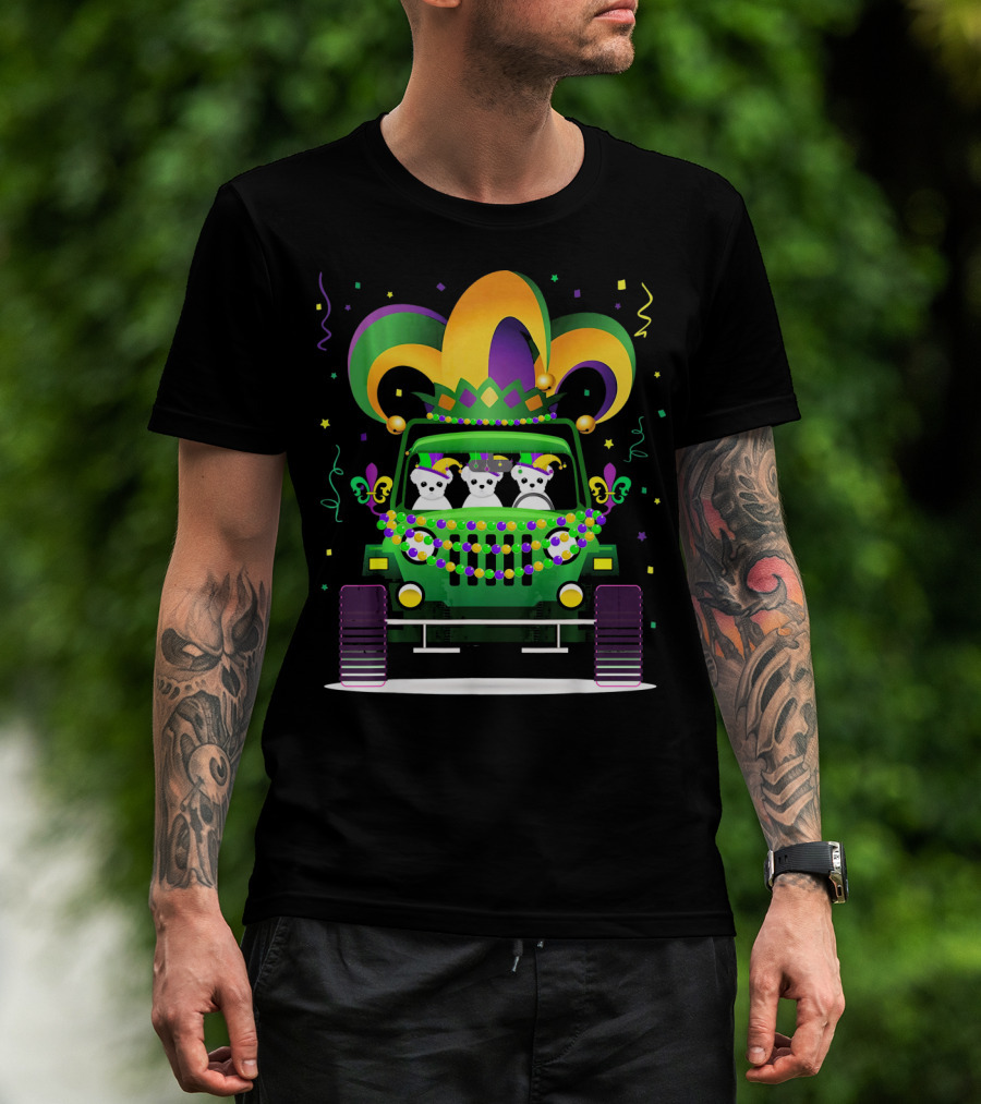 Mardi Gras Maltese Dogs Riding Jeep With Colorful Hat And Beads T-Shirt