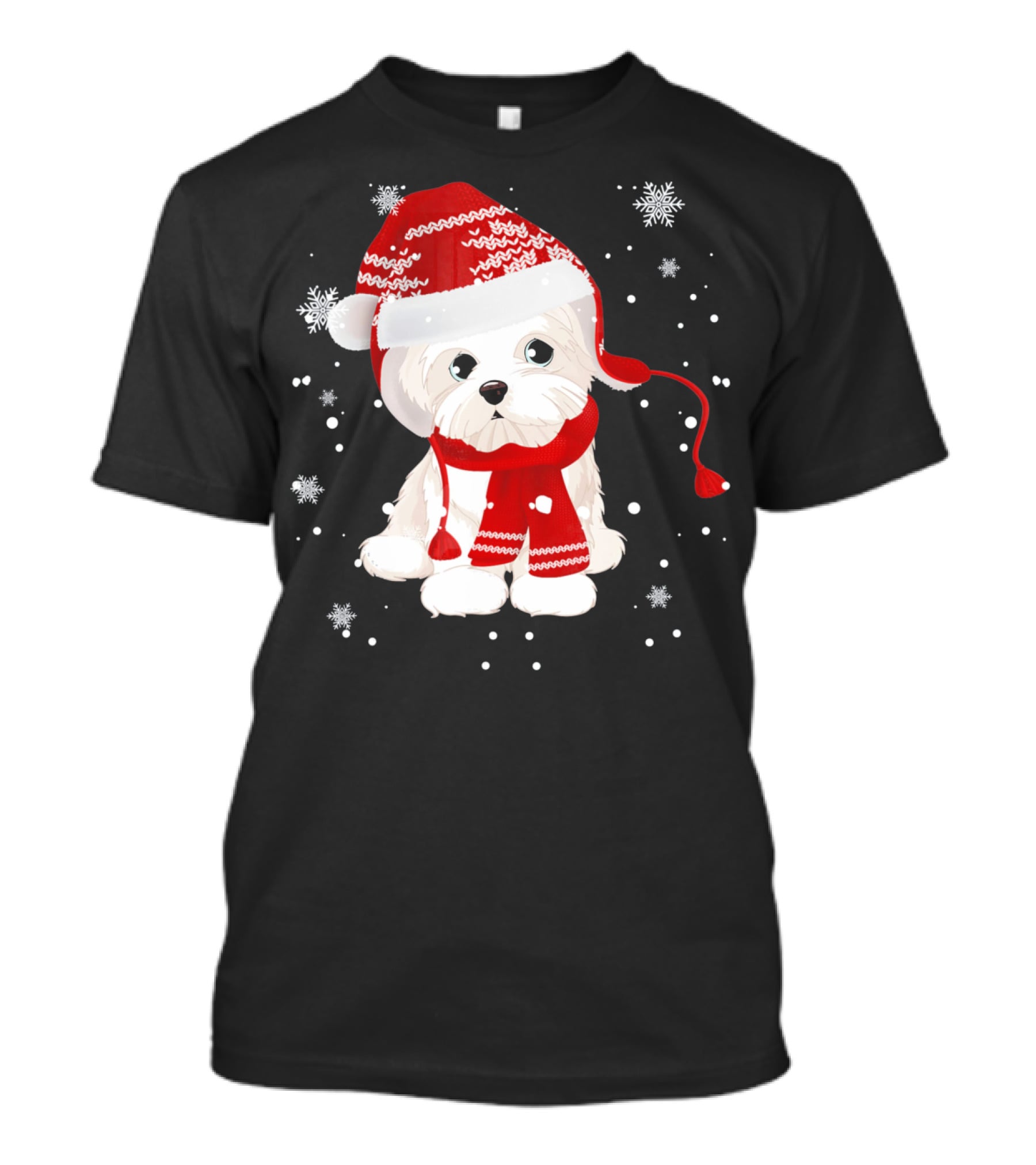 Funny Maltese Santa Hat Scarf Ugly Snowflakes T-Shirt