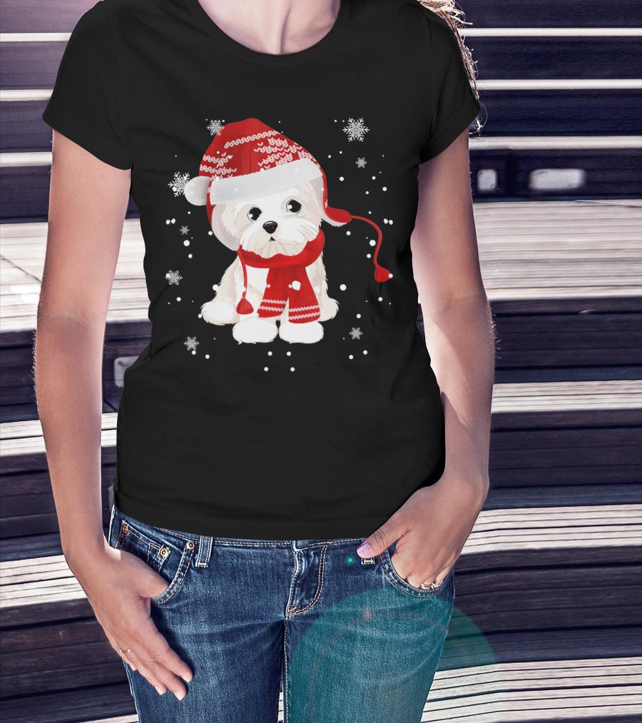 Funny Maltese Santa Hat Scarf Ugly Snowflakes T-Shirt