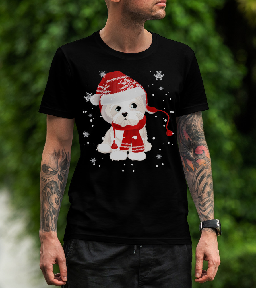 Funny Maltese Santa Hat Scarf Ugly Snowflakes T-Shirt