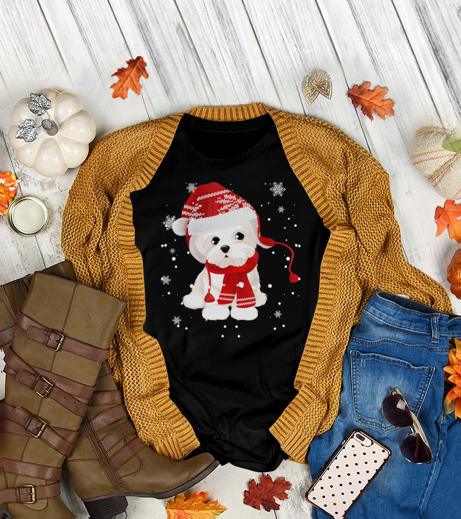 Funny Maltese Santa Hat Scarf Ugly Snowflakes T-Shirt