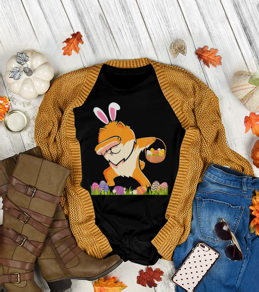 Funny Pomeranian Dabbing Easter Bunny with Eggs and Basket T-Shirt