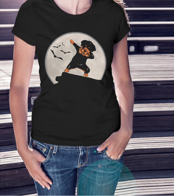 Funny Rottweiler Dabbing Dog Halloween Costume With Moon And Bats T-Shirt