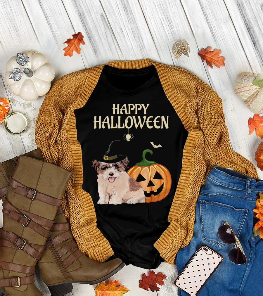Happy Halloween Shih Tzu with Pumpkin and Witch Hat T-Shirt