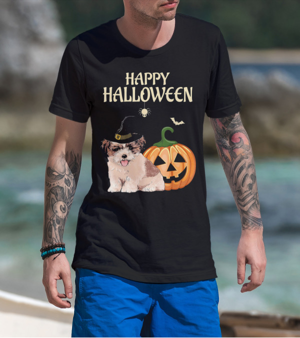 Happy Halloween Shih Tzu With Pumpkin And Witch Hat T-Shirt
