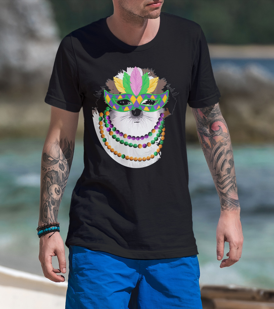 Funny Shih Tzu Mardi Gras Beads Necklace Mask With Colorful Feathered Mask T-Shirt