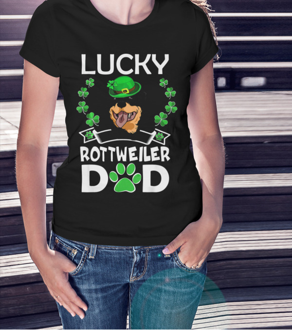 Lucky Rottweiler Dad St Patricks Day Shamrocks And Green Hat T-Shirt