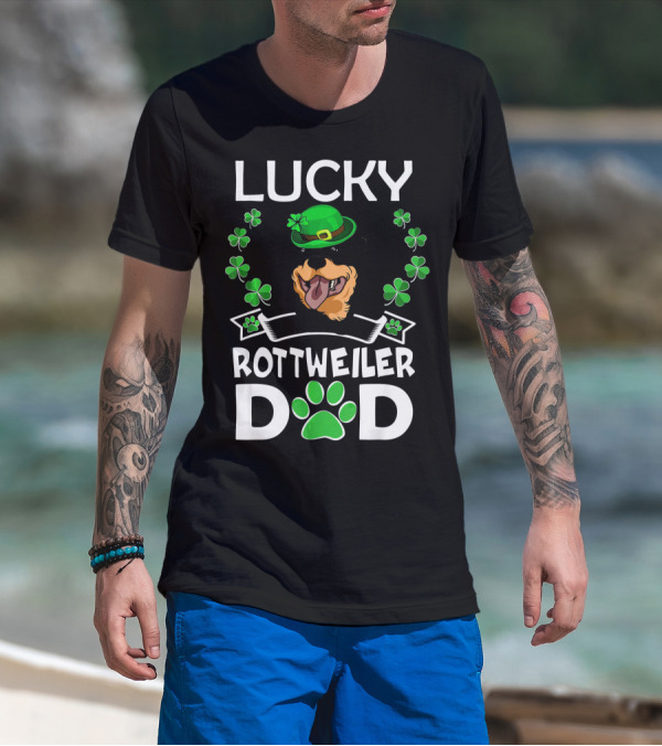 Lucky Rottweiler Dad St Patricks Day Shamrocks And Green Hat T-Shirt