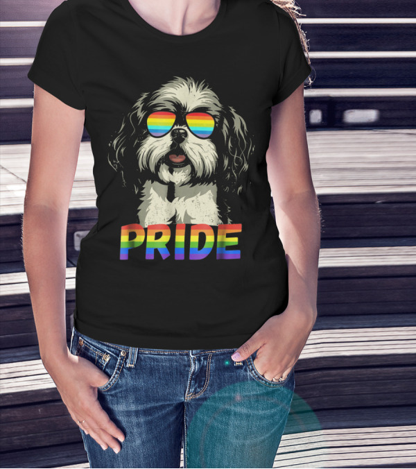 Pride Shih Tzu With Gay Pride Flag Sunglasses For Dog Lovers T-Shirt