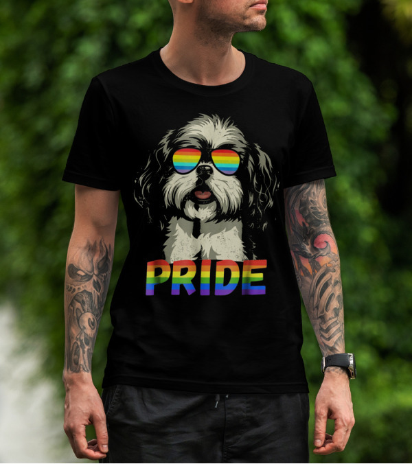 Pride Shih Tzu With Gay Pride Flag Sunglasses For Dog Lovers T-Shirt
