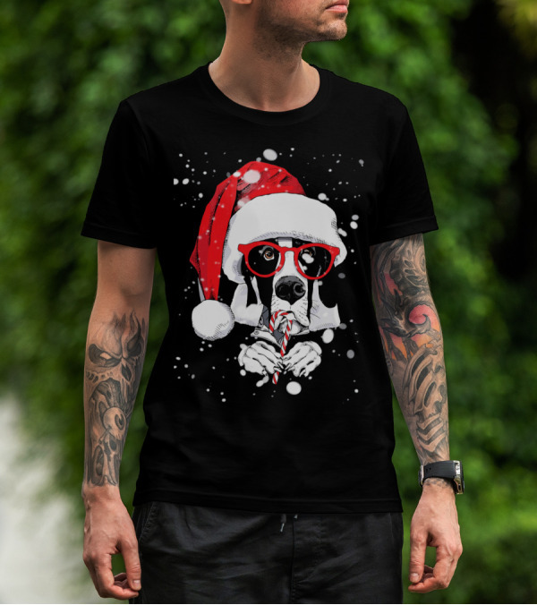 Great Dane Licking Candy Cane With Santa Xmas Hat And Red Glasses Snowflakes T-Shirt