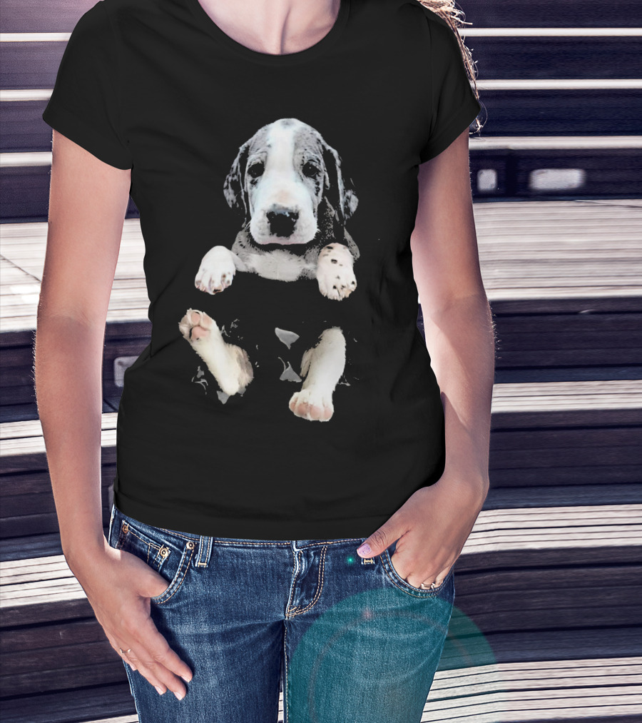 Great Dane Puppy Peeking Out Of Pocket T-Shirt