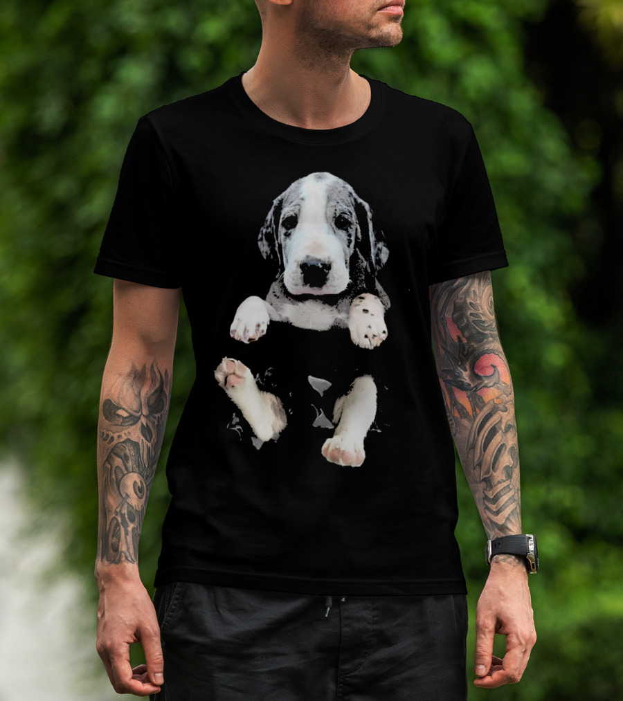 Great Dane Puppy Peeking Out Of Pocket T-Shirt