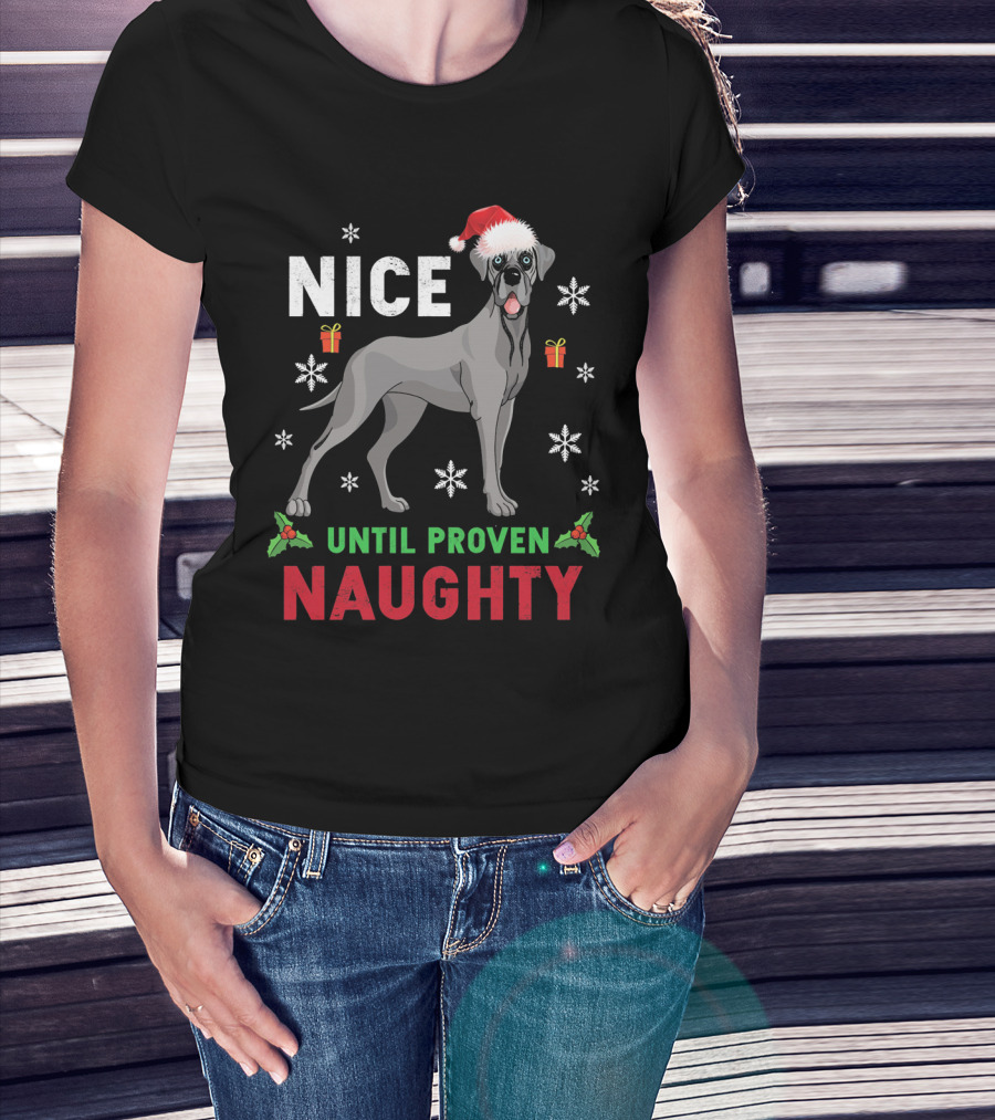 Great Dane Nice Until Proven Naughty Christmas Santa Hat Snowflakes T-Shirt