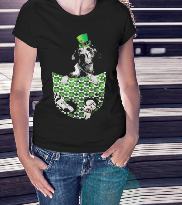 Great Dane In Pocket With Green Shamrock Patrick Hat T-Shirt