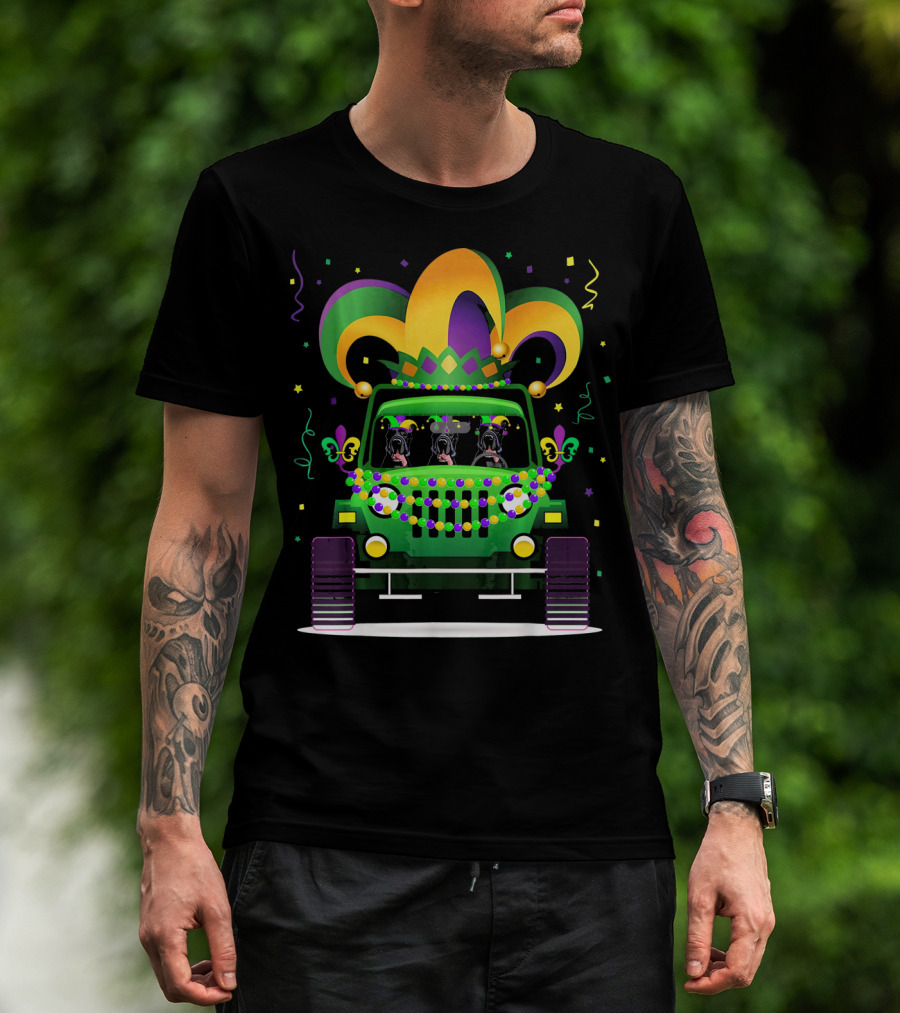 Great Dane Trio In Jeep With Mardi Gras Beads And Hat T-Shirt