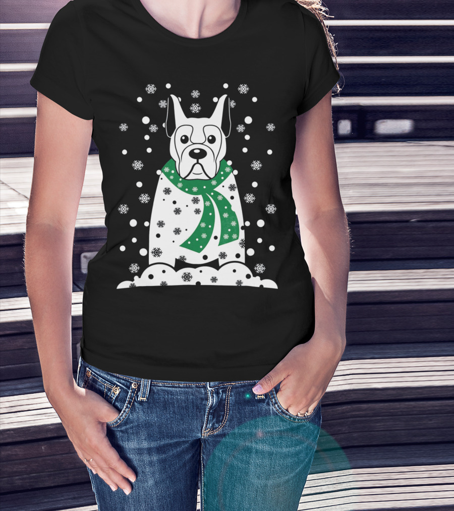 Great Dane Snowman With Green Scarf And Falling Snowflakes T-Shirt