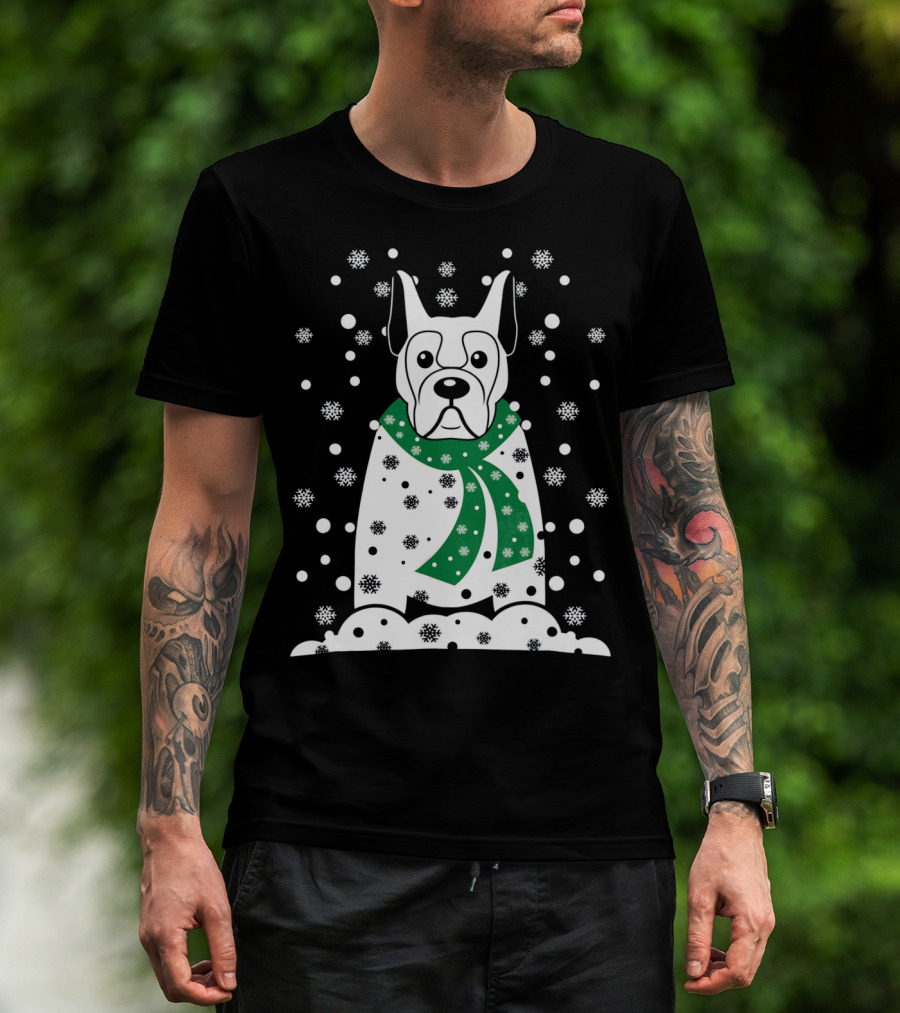 Great Dane Snowman With Green Scarf And Falling Snowflakes T-Shirt