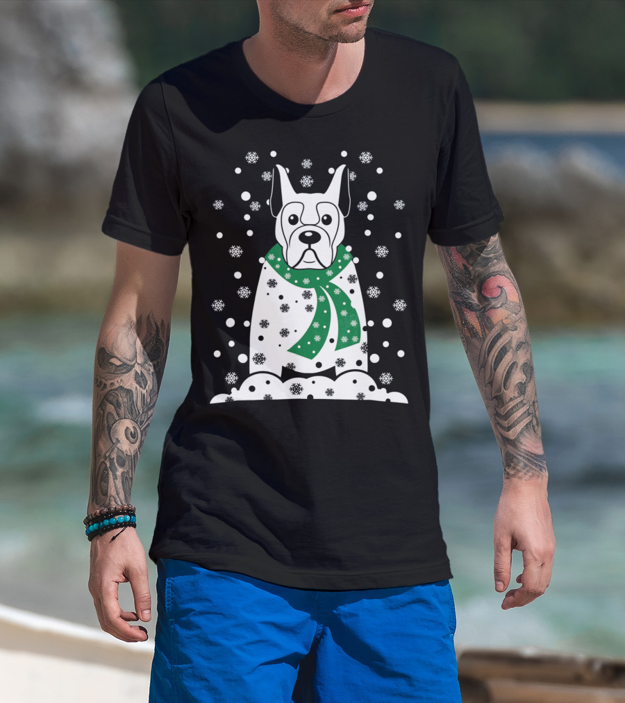 Great Dane Snowman With Green Scarf And Falling Snowflakes T-Shirt