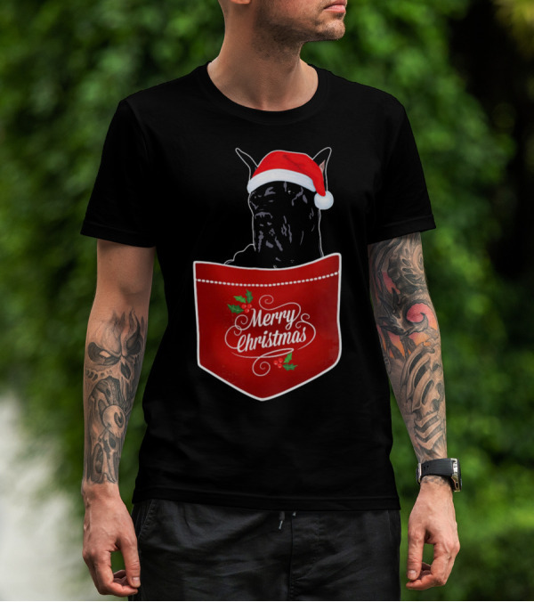 Great Dane In Santa Hat With Merry Christmas Pocket T-Shirt