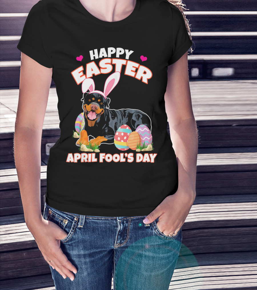 Happy Easter April Fool's Day Funny Rottweiler With Bunny Ears And Colorful Eggs T-Shirt