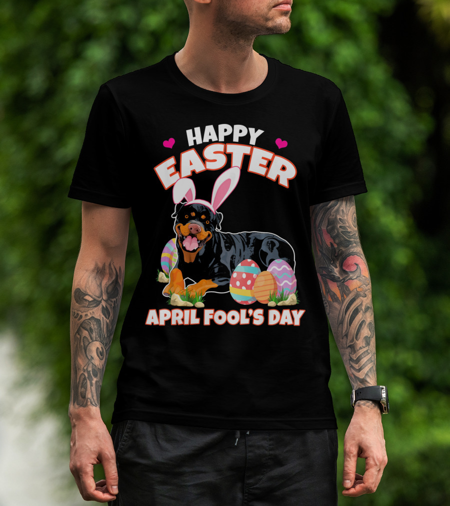 Happy Easter April Fool's Day Funny Rottweiler With Bunny Ears And Colorful Eggs T-Shirt