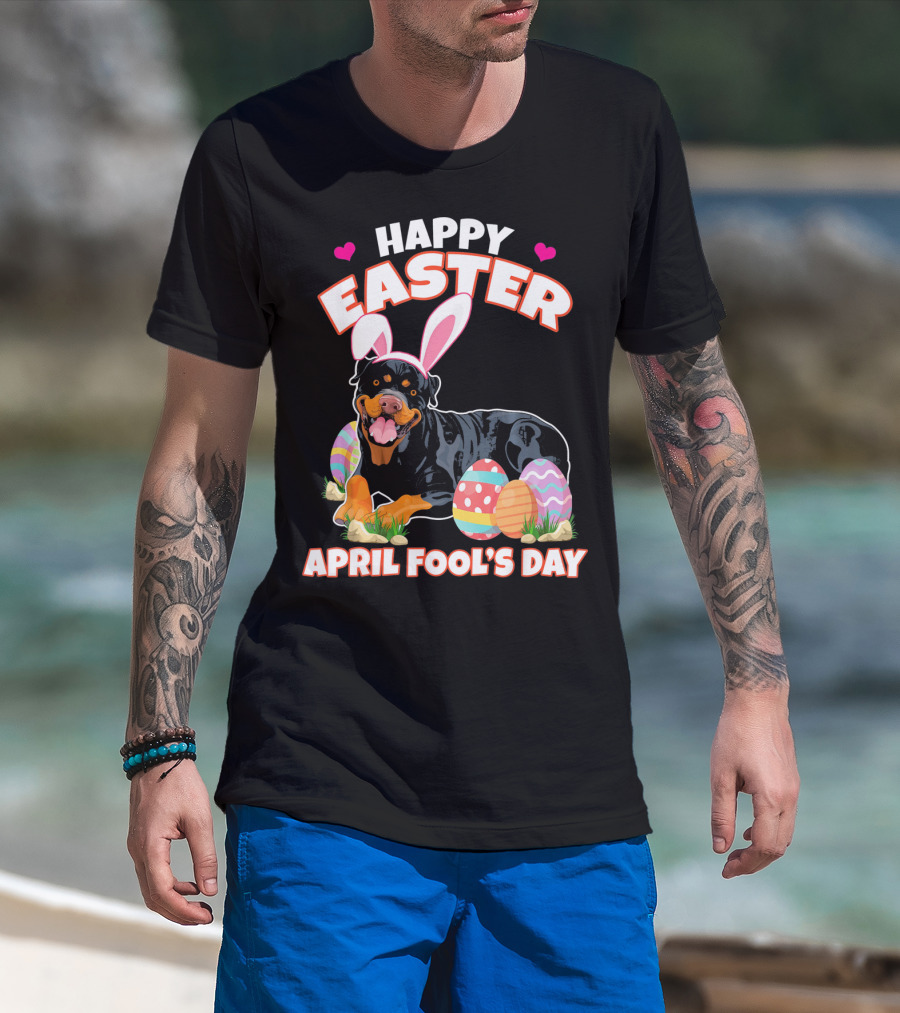 Happy Easter April Fool's Day Funny Rottweiler With Bunny Ears And Colorful Eggs T-Shirt