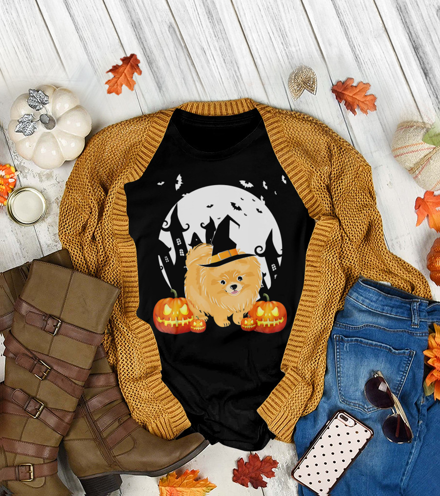 Happy Halloween Little Witch Pomeranian Dog with Pumpkins and Haunted House T-Shirt