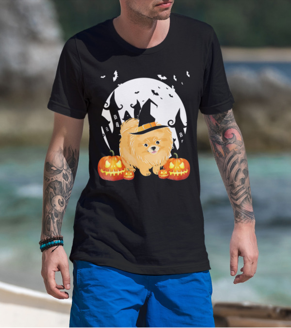 Happy Halloween Little Witch Pomeranian Dog With Pumpkins And Haunted House T-Shirt
