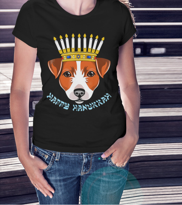 Happy Hanukkah Jack Russell Menorah Hat Candle T-Shirt