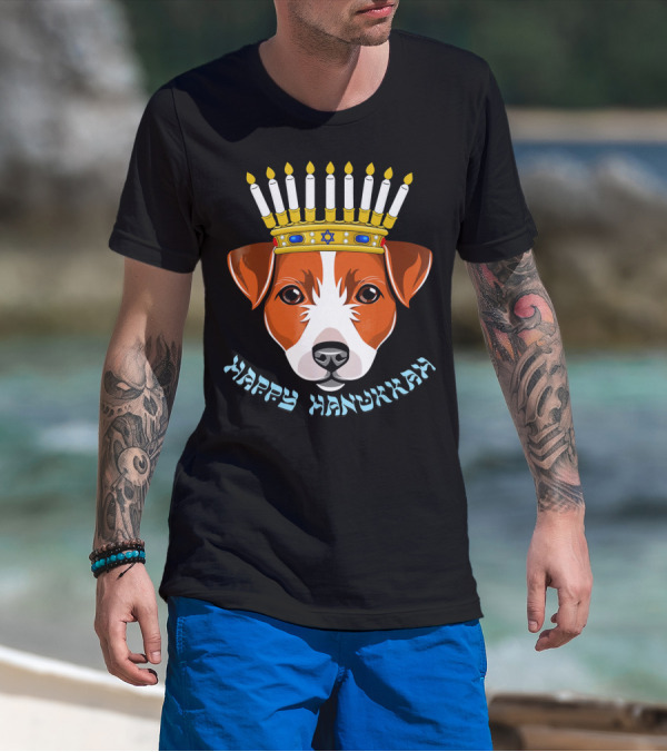 Happy Hanukkah Jack Russell Menorah Hat Candle T-Shirt