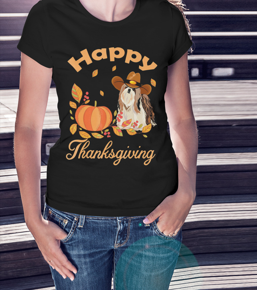 Happy Thanksgiving Shih Tzu Cowboy Pumpkin Leaves T-Shirt