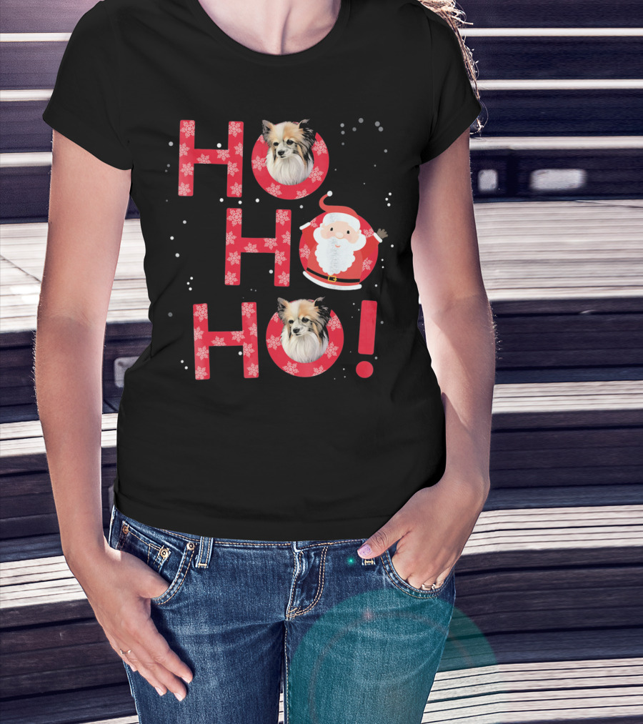 Ho Ho Ho Papillon Dog Santa's Laugh With Snowflakes T-Shirt