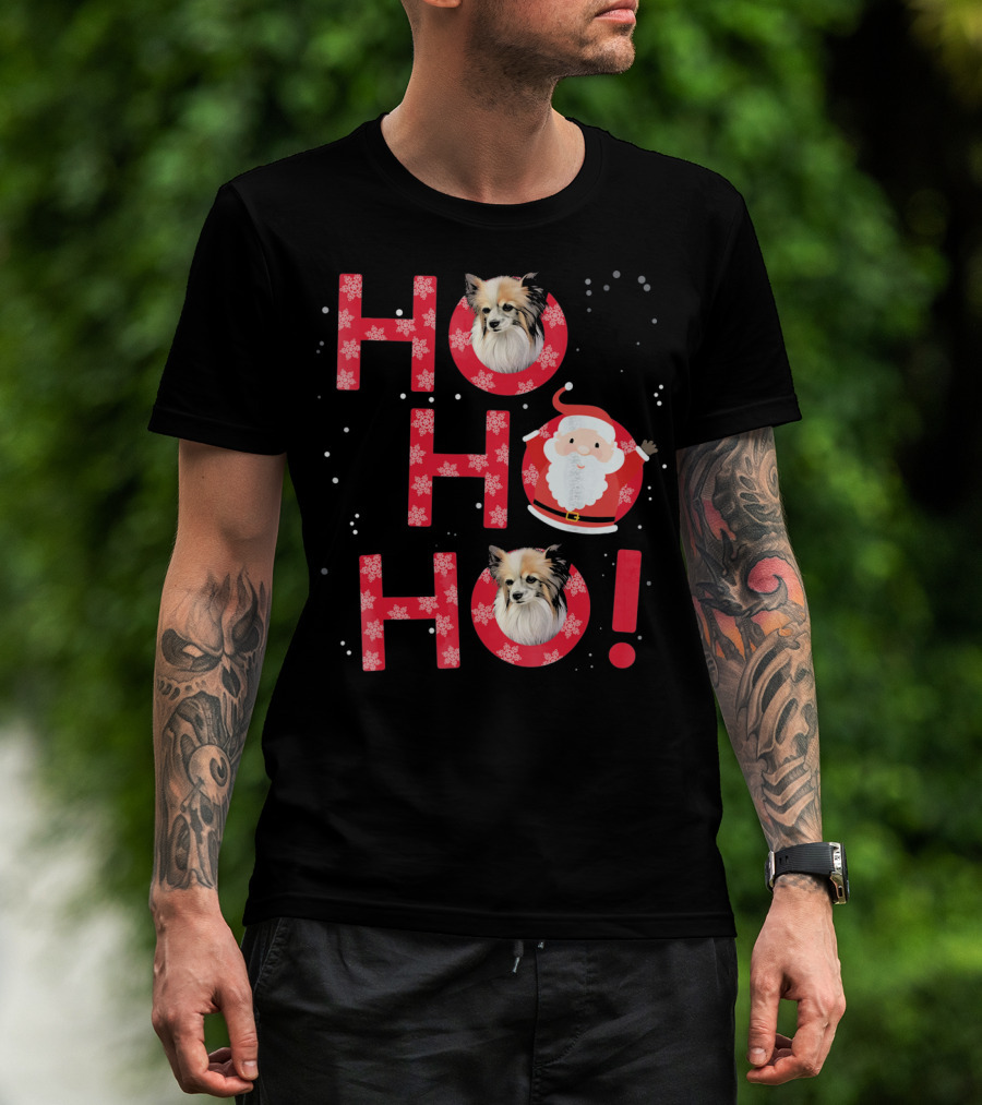Ho Ho Ho Papillon Dog Santa's Laugh With Snowflakes T-Shirt