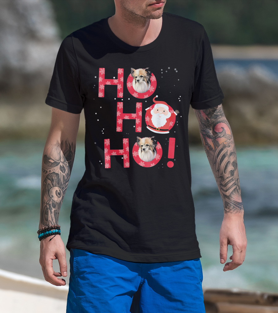 Ho Ho Ho Papillon Dog Santa's Laugh With Snowflakes T-Shirt