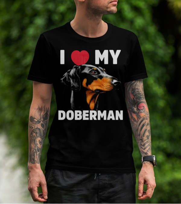 I Love My Doberman Heart Black Background Realistic T-Shirt