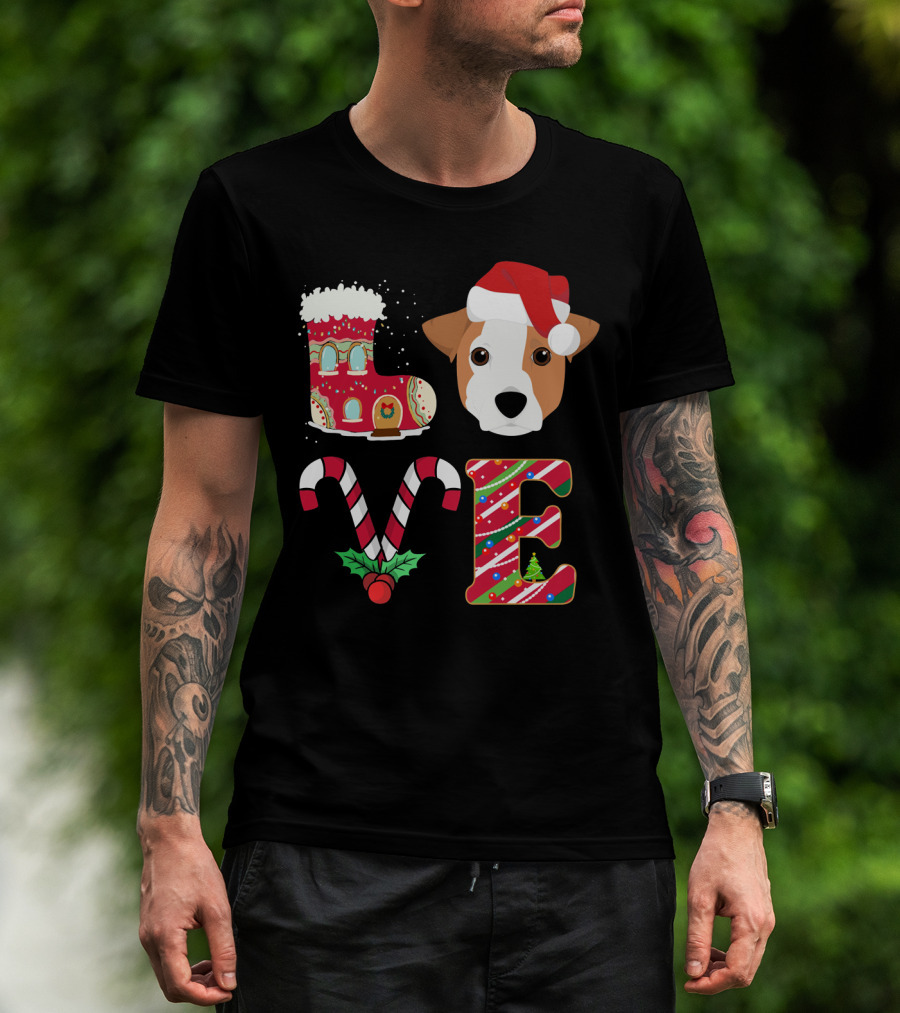 I Love My Jack Russell Terrier Christmas Holiday Santa Hat Candy Cane Gingerbread Boot T-Shirt