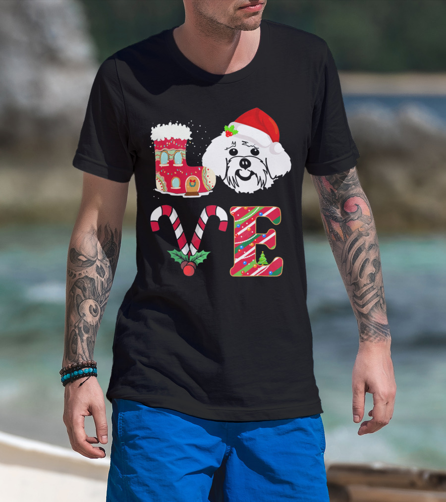 I Love My Maltese Christmas Candy Cane Gingerbread Santa Hat T-Shirt
