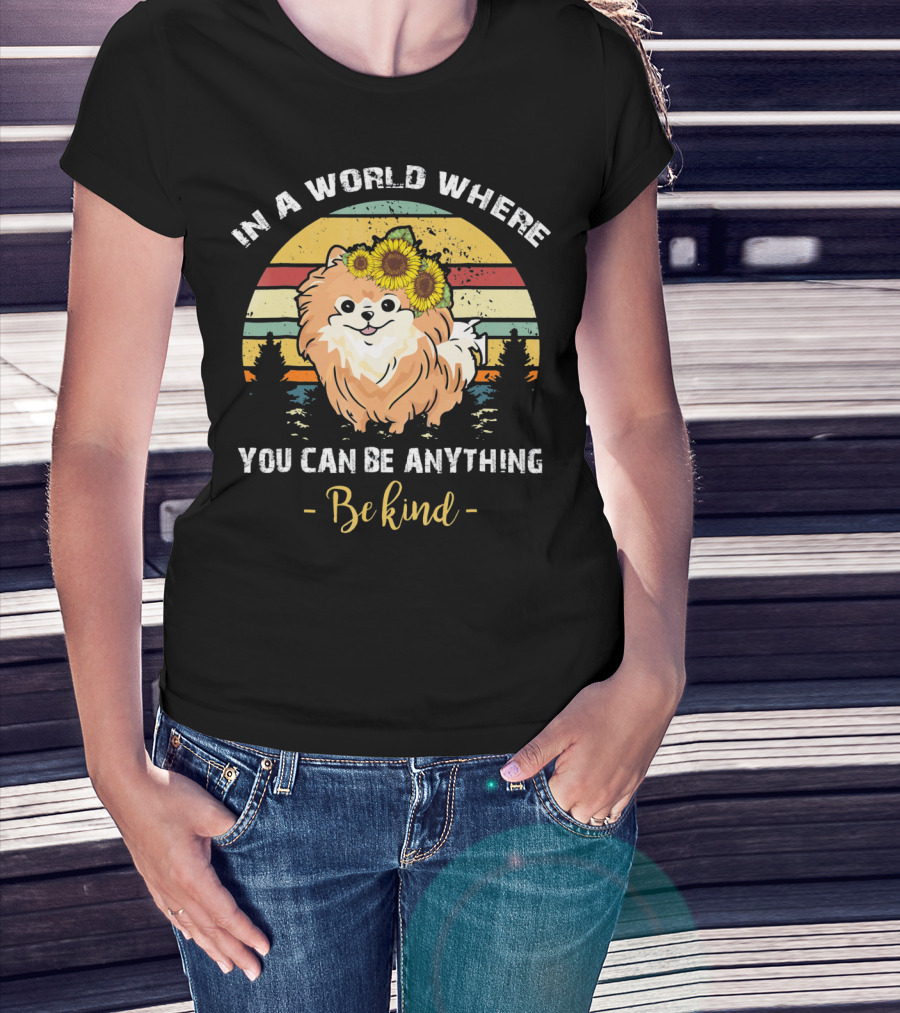 In A World Where You Can Be Anything Be Kind Pomeranian Vintage Retro Sunflowers T-Shirt