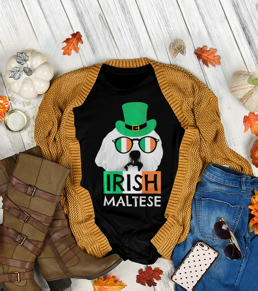 Irish Maltese St Patricks Day Dog Wearing Shamrock Hat and Glasses T-Shirt