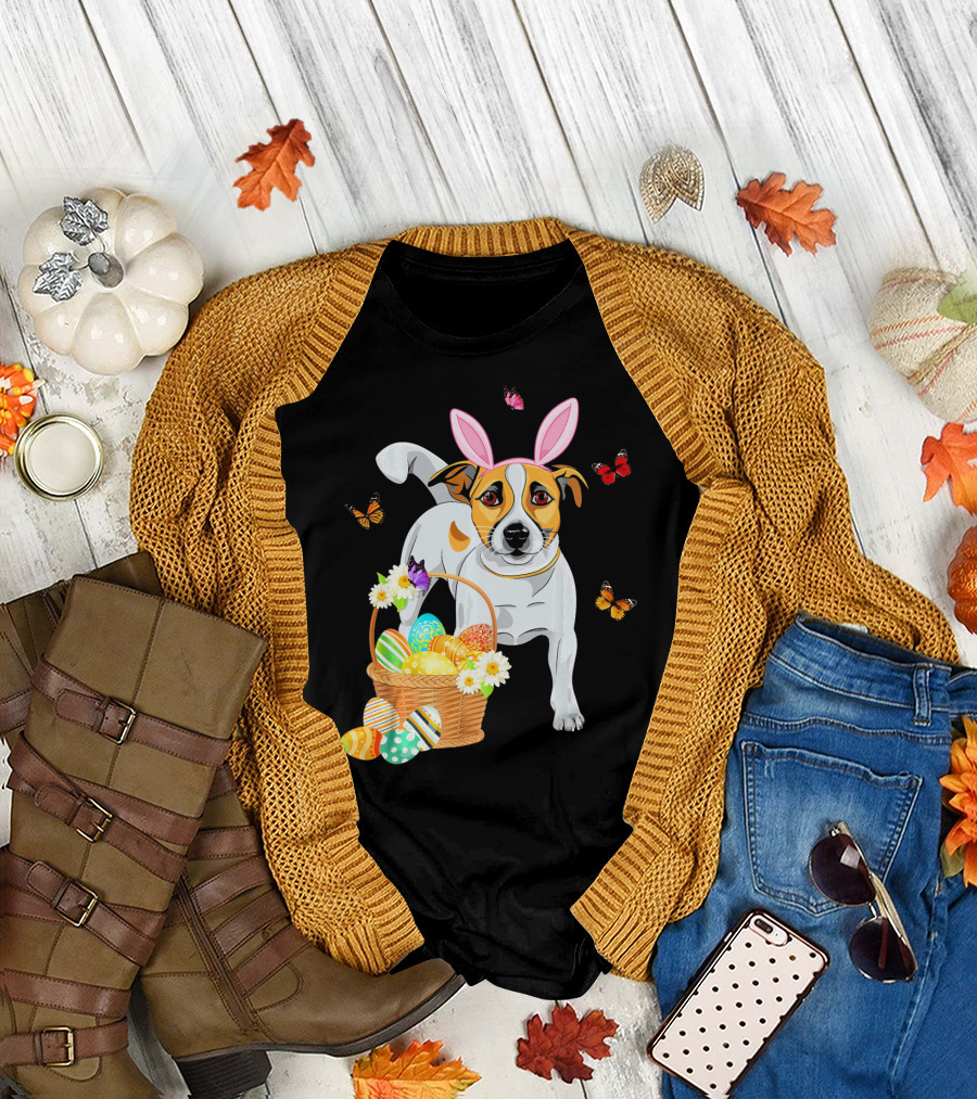 Jack Russell Bunny Hat Easter Eggs Basket Butterflies T-Shirt