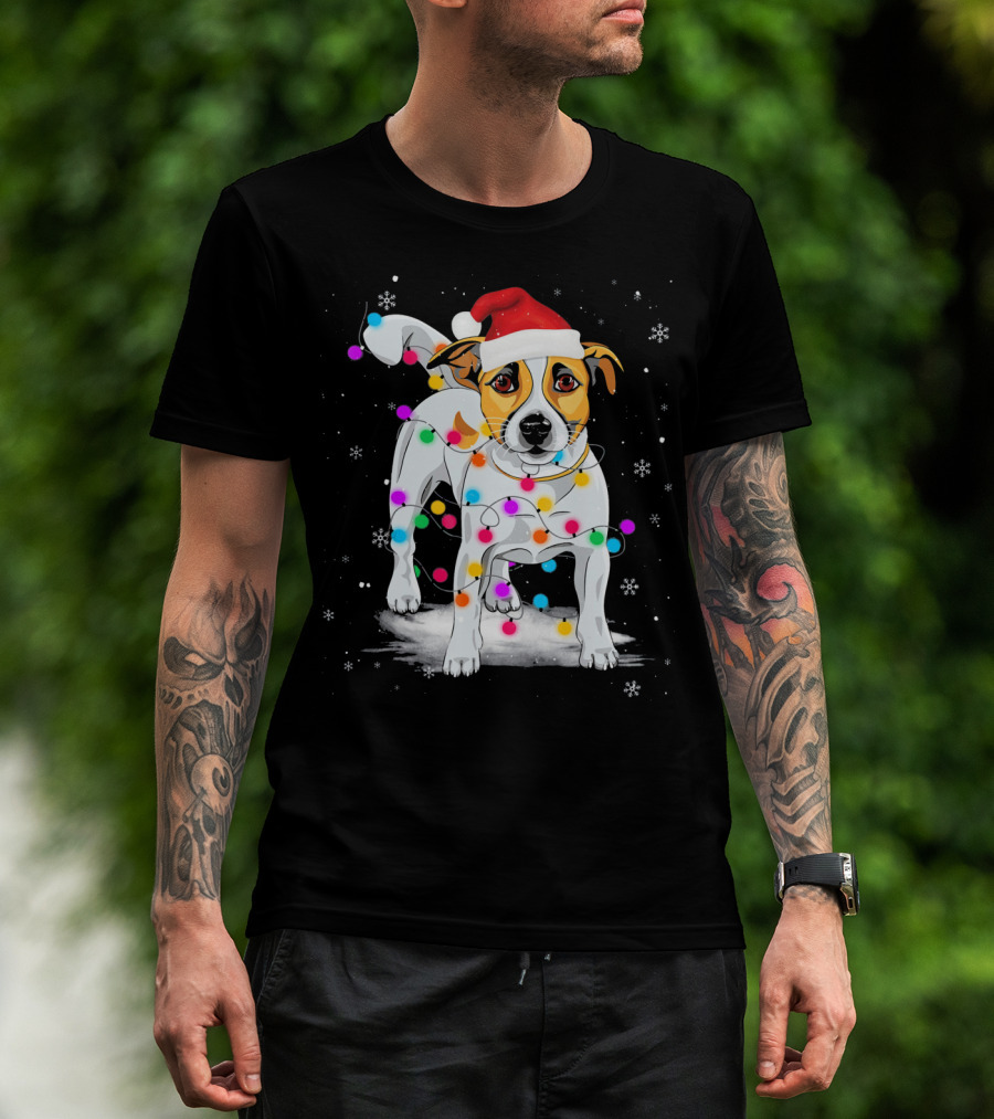 Jack Russell Terrier Santa Hat Wrapped In Christmas Lights Snowflakes T-Shirt