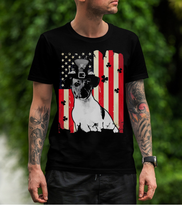 Jack Russell Terrier American Flag St Patricks Day With Shamrocks T-Shirt