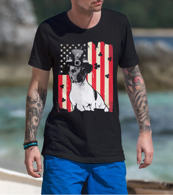 Jack Russell Terrier American Flag St Patricks Day With Shamrocks T-Shirt