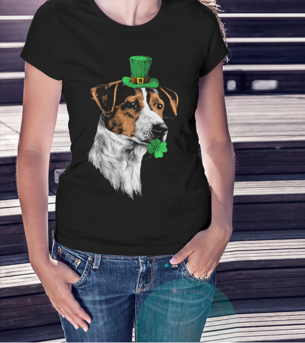 Jack Russell Terrier With Leprechaun Hat And Shamrock St Patrick's Day T-Shirt