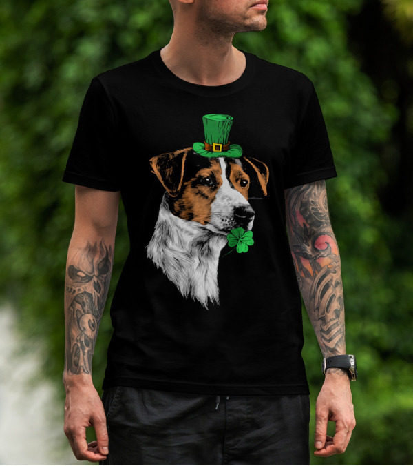 Jack Russell Terrier With Leprechaun Hat And Shamrock St Patrick's Day T-Shirt
