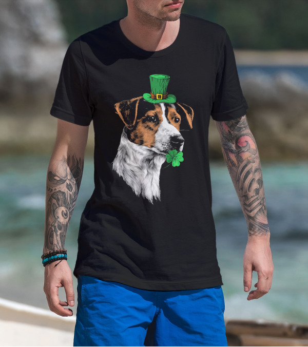 Jack Russell Terrier With Leprechaun Hat And Shamrock St Patrick's Day T-Shirt