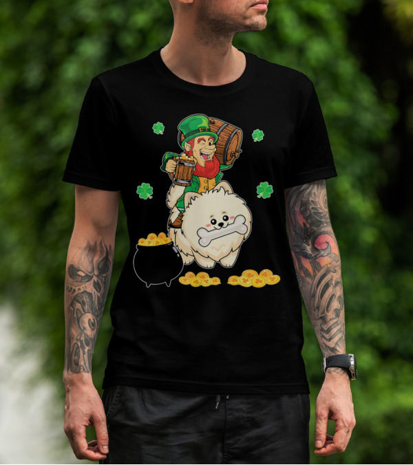 Leprechaun Rides Pomeranian With Beer And Gold Shamrocks T-Shirt