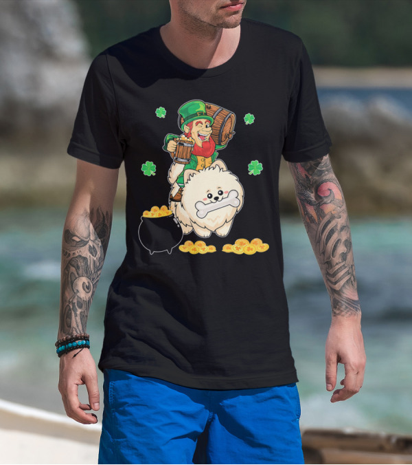 Leprechaun Rides Pomeranian With Beer And Gold Shamrocks T-Shirt