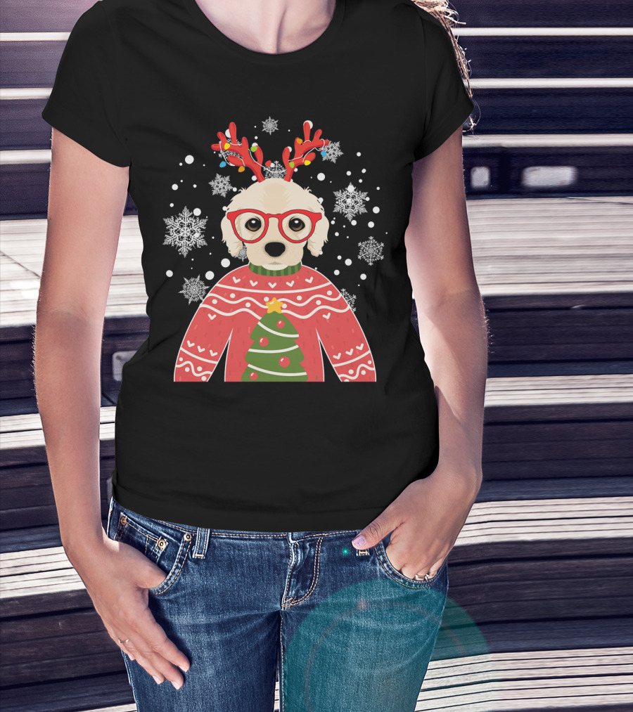 Christmas Cocker Spaniel Reindeer Antlers Snowflakes Sweater Tree T-Shirt